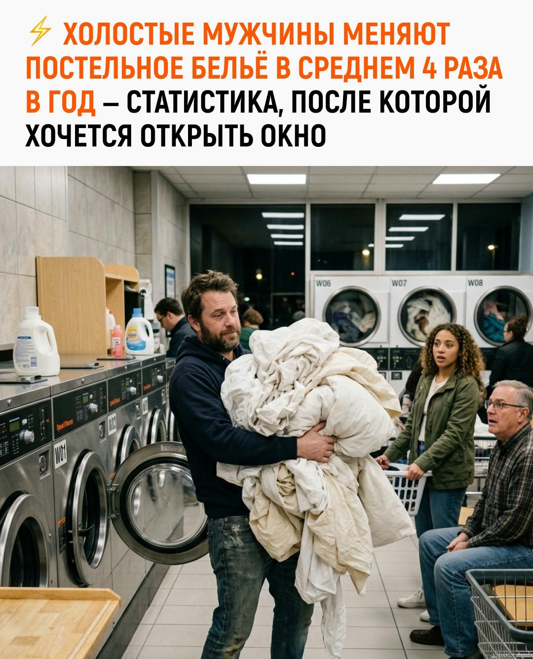 Исследование World of Statistics показало: холостые мужчины меняют постельное бельё в среднем всего 4 раза в год.