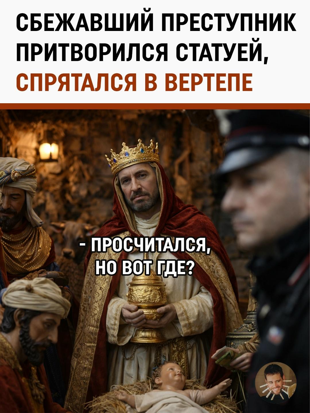 В Италии беглый преступник решил, что лучший способ скрыться от правосудия — это стать частью рождественского искусства. Мужчина пробрался в городской вертеп и замер среди декораций, мастерски изображая восковую фигуру библейского персонажа.