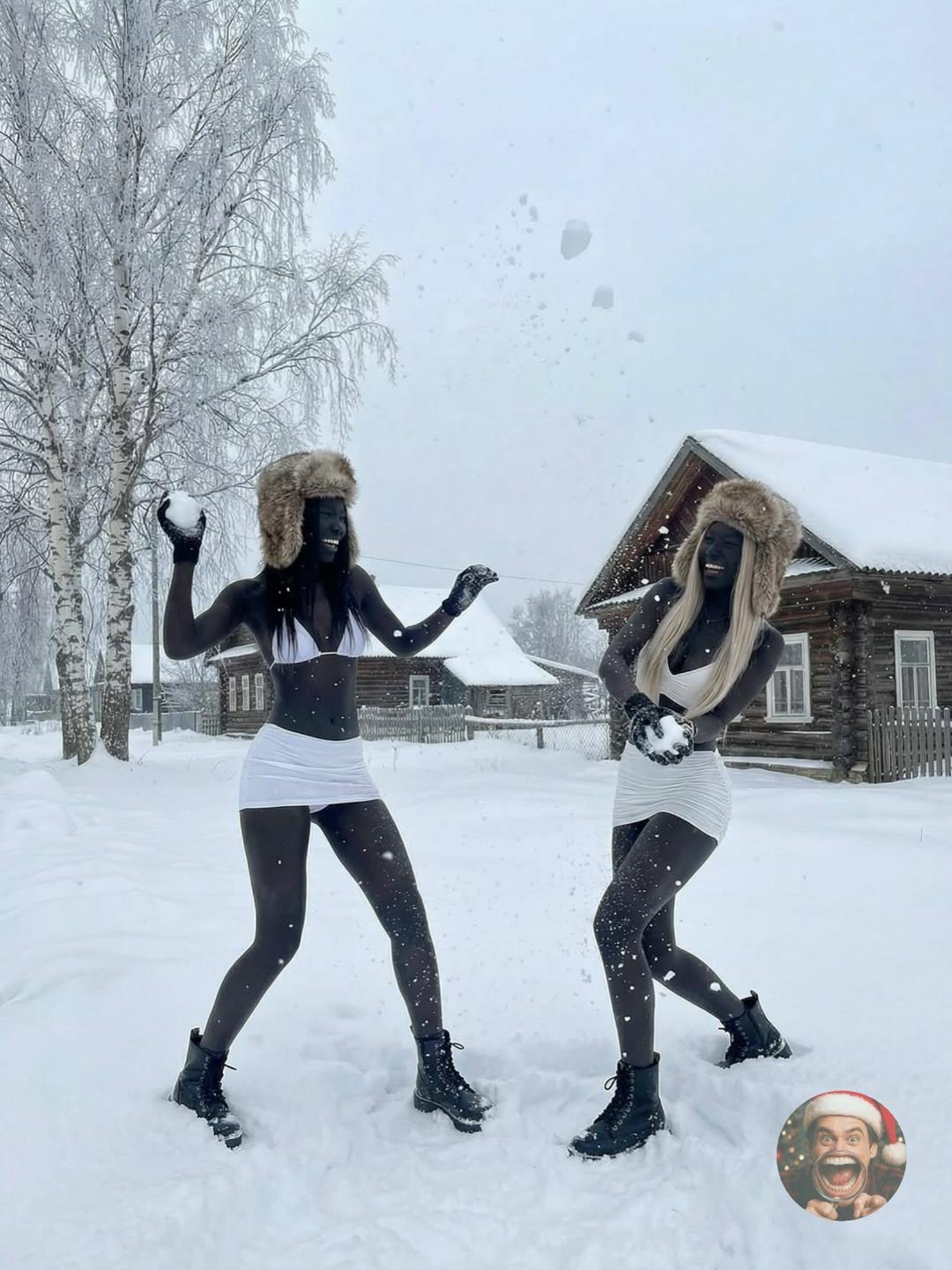 Темнокожие девушки посетили русскую деревню зимой