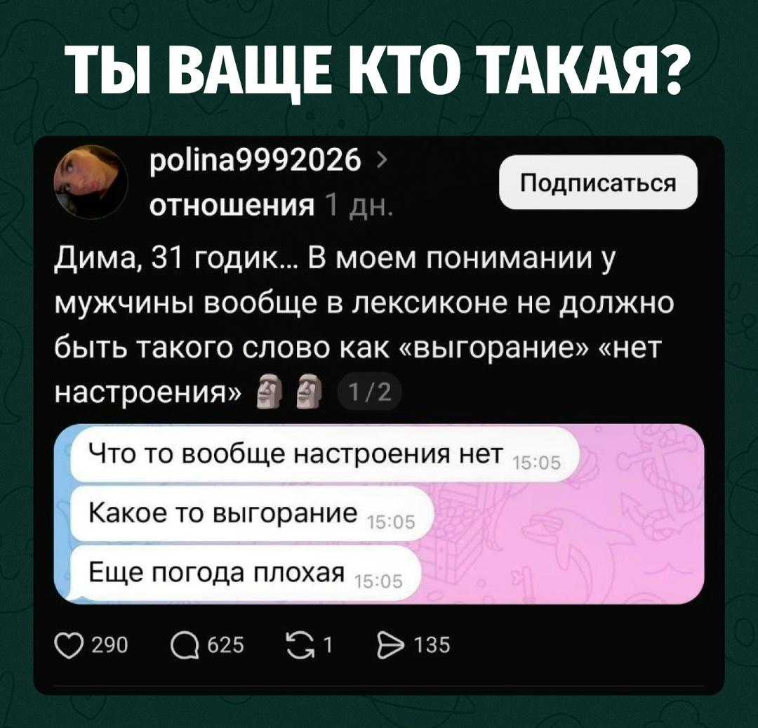Девушка возмутилась сообщениями 31-летнего Димы, который признался, что у него нет настроения, случилось выгорание, да ещё и погода плохая.