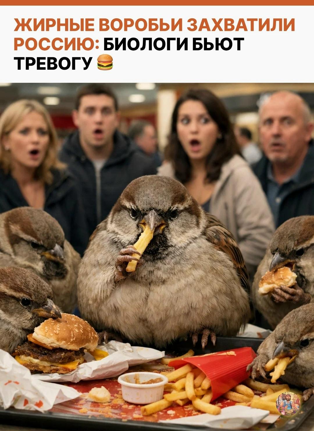 В России появилось необычное явление — толстые воробьи. Специалисты в области биологии выражают обеспокоенность: птицы перестали добывать пищу самостоятельно и стали часто посещать фудкорты, где едят картошку фри и остатки бургеров.