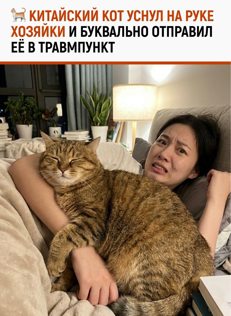 Жительница Китая проснулась с онемевшей и сильно болящей рукой. Причина оказалась неожиданной: её кот всю ночь спал у неё на запястье и почти не двигался.