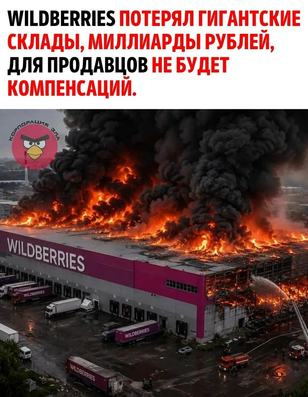 После атаки беспилотников огонь, по словам очевидцев, полностью уничтожил логистический центр Wildberries в Электростали — второй по величине склад маркетплейса площадью около 350 тысяч квадратных метров