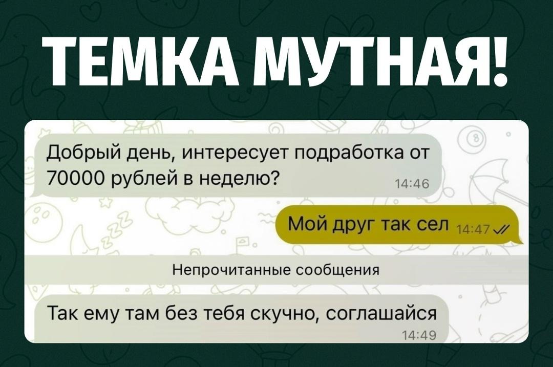 Неизвестный предложил подработку за 70 тысяч рублей в неделю. На предупреждение «мой друг так сел» ответил спокойно: «Так ему там без тебя скучно, соглашайся».