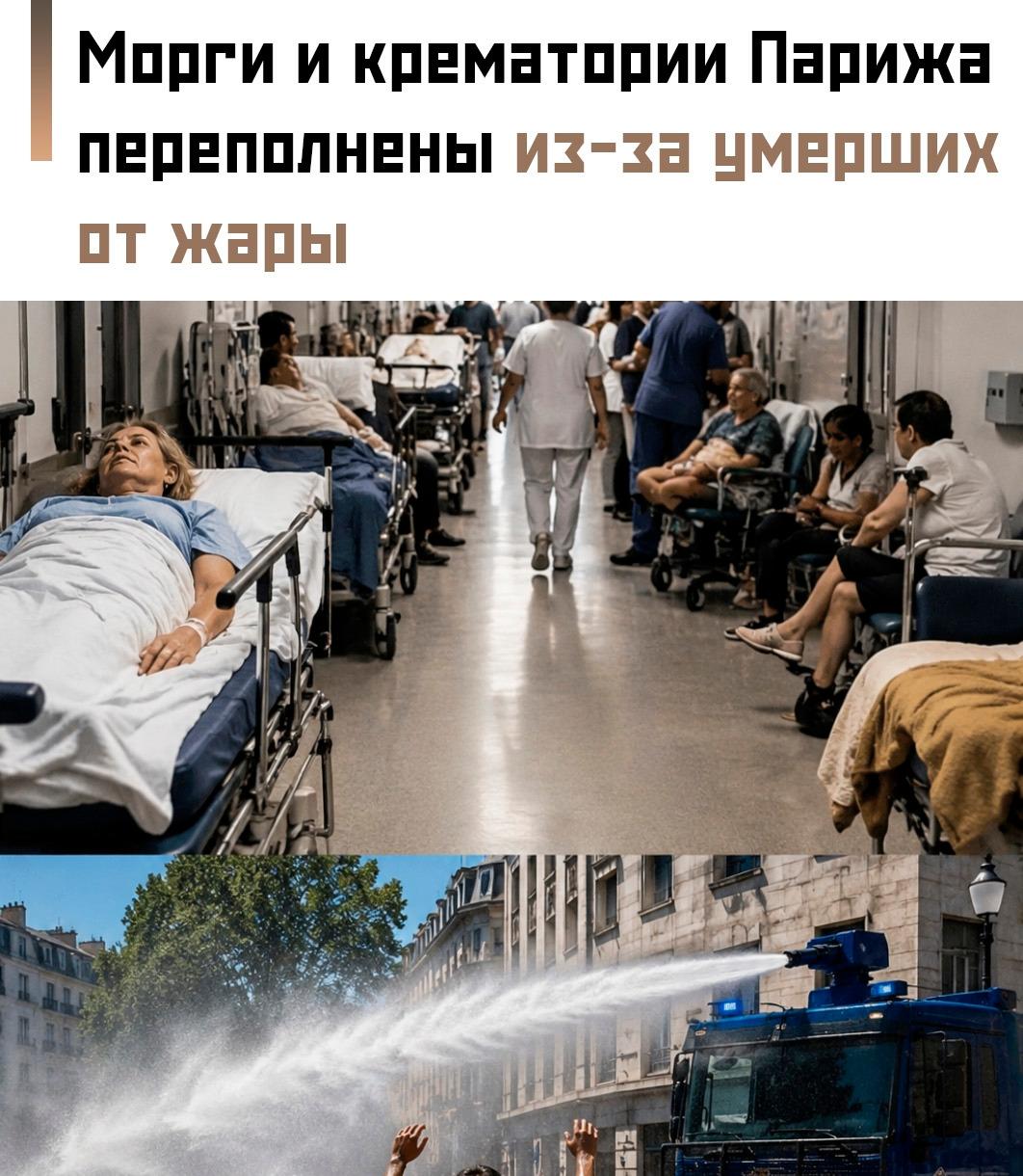 Из-за исторической аномальной жары Париж столкнулся с серьёзной нагрузкой на систему здравоохранения. По информации СМИ, городские больницы переполнены, свободных мест почти нет, а пациентов размещают в коридорах.