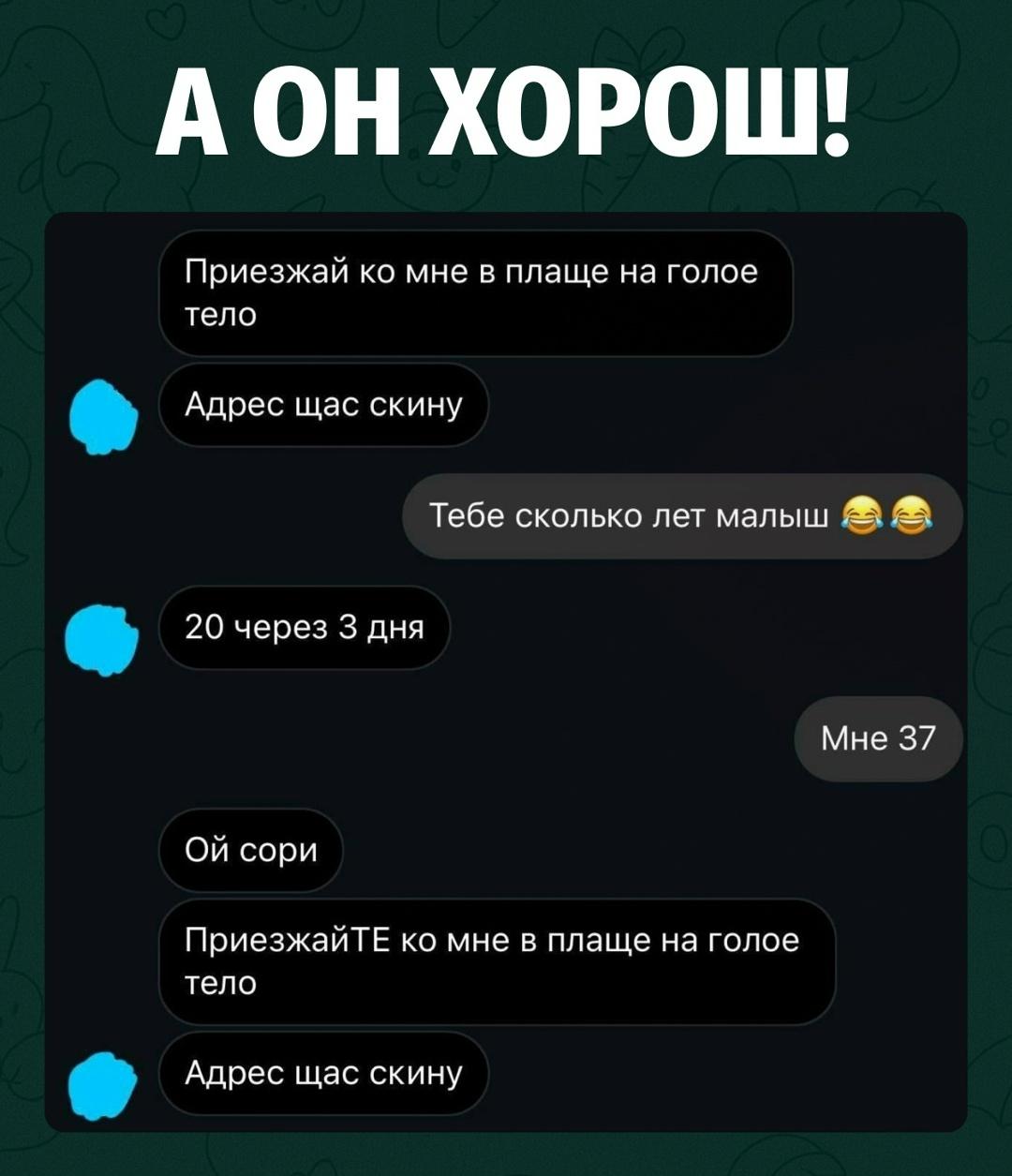 Юный романтик уверенно позвал девушку приехать к нему в плаще на голое тело. Но стоило узнать, что ей 37, как в переписке внезапно появились извинения и уважительное «приезжайте».
