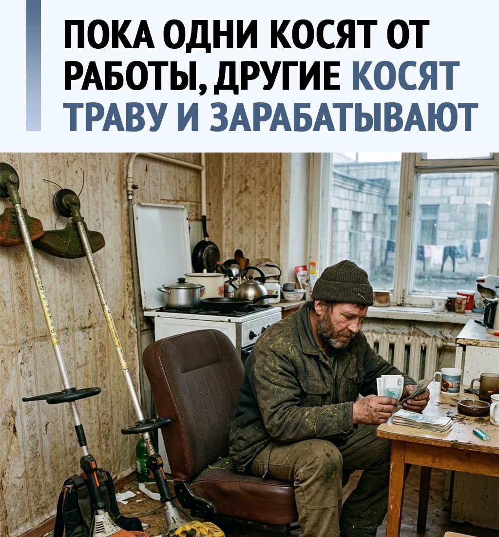 Оказалось, летом можно нормально поднять на покосе травы. Пока мы тут сидим и делаем вид, что работаем, мужики с триммерами уже косят деньги