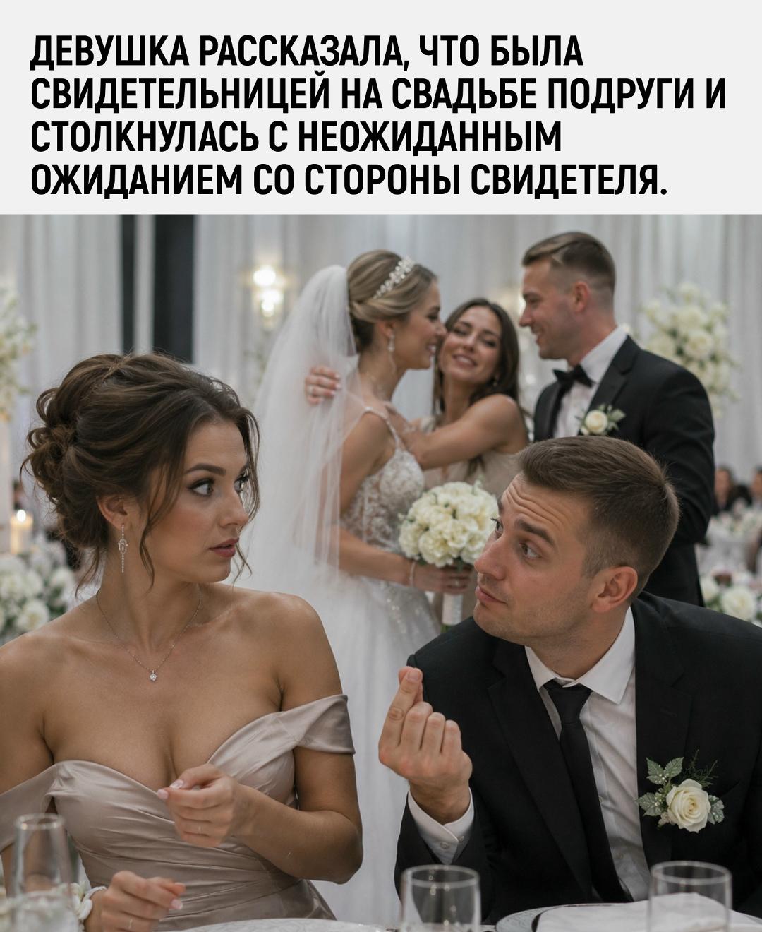На одной из свадеб разгорелся курьёзный, но жизненный конфуз. Девушка, согласившись стать свидетельницей, искренне верила в старый шуточный миф и всерьёз переживала, что статус буквально обязывает её провести ночь со свидетелем.