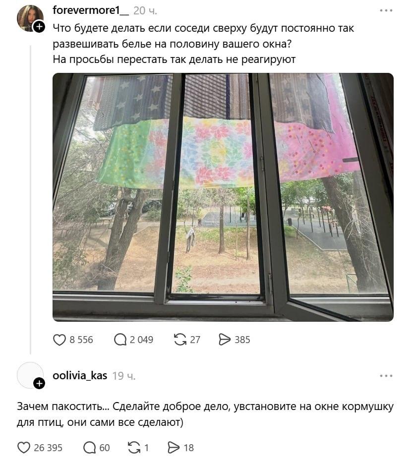 Девушка попросила совета, как бороться с соседями, которые загораживают окно своим бельем