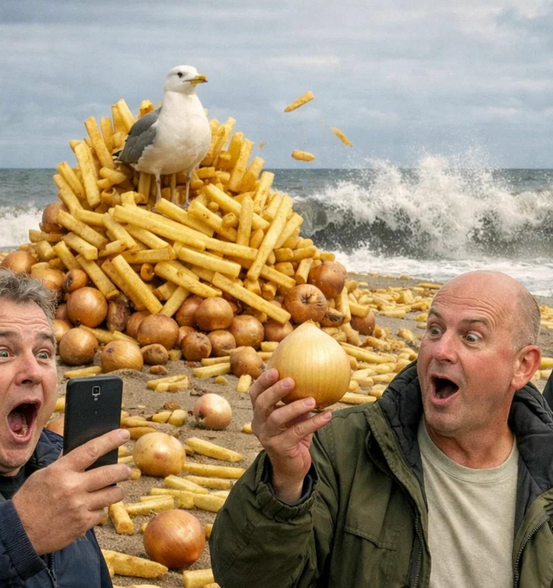 Пляж оказался завален луком и картошкой фри — выглядел будто курорт, только вместо золотого песка лежат тонны картошки. Очевидцы шутили, что это «Карибы, но по-британски».