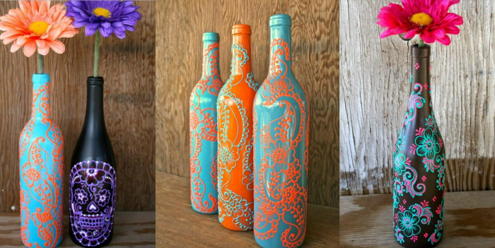 Декорирование бутылок различными материалами (58 фото)
