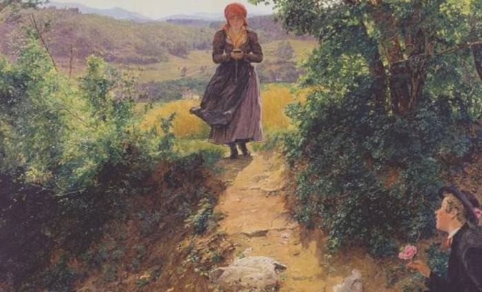 На картине из 1860 года нашли «путешественницу во времени»: девушка идет по лесу с айфоном в руках