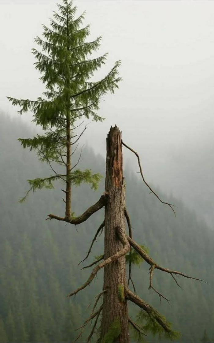 Туристы в лесу нашли елку, которая растет прямо из ветки другой елки