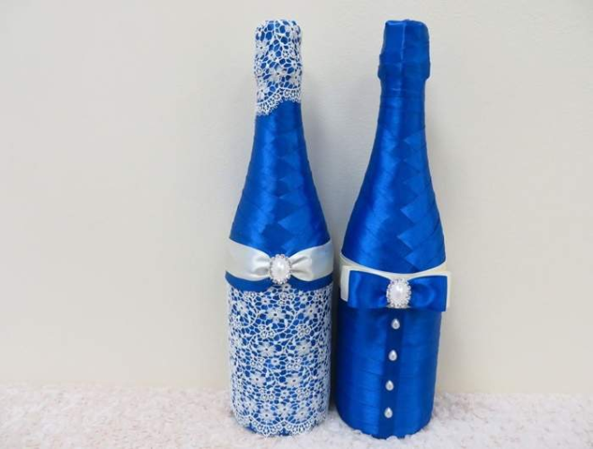 Декорирование бутылок различными материалами (58 фото)