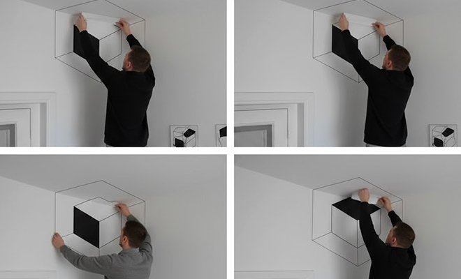 Дизайнер наклеил бумагу в угол и полностью преобразил кухню: на видео выглядит как движущийся объект