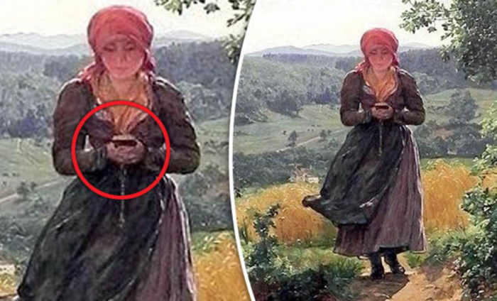 На картине из 1860 года нашли «путешественницу во времени»: девушка идет по лесу с айфоном в руках