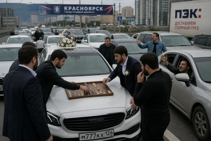 В Красноярске бородачи устроили дерзкий дорожный инцидент. Выстроилась большая пробка
