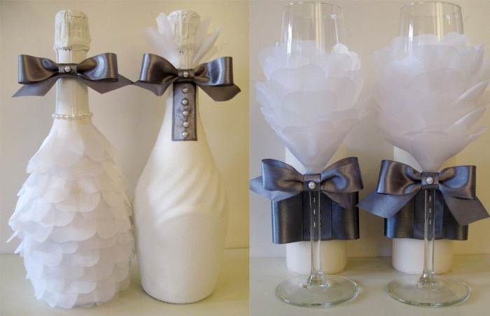 Декорирование бутылок различными материалами (58 фото)
