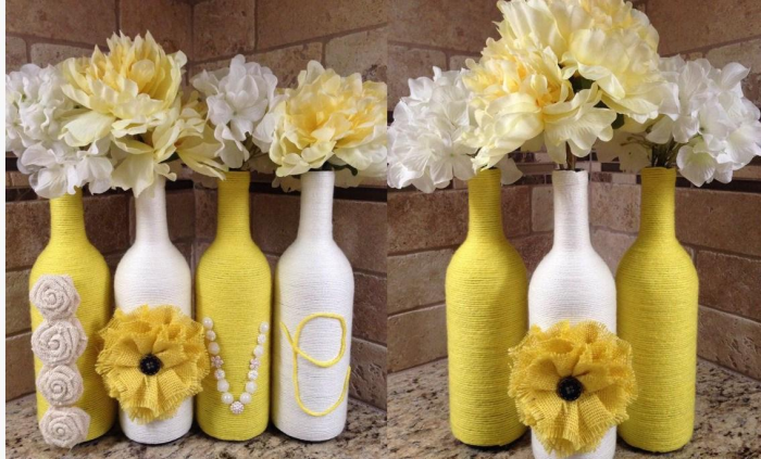 Декорирование бутылок различными материалами (58 фото)