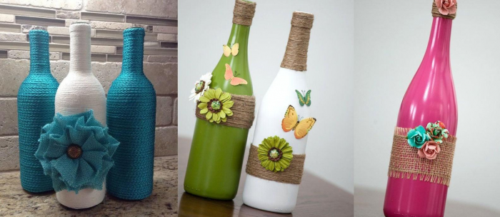 Декорирование бутылок различными материалами (58 фото)