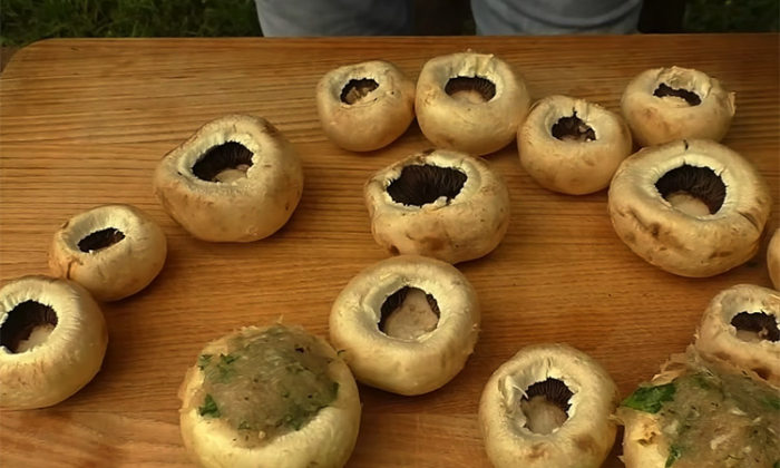 Огненные шляпки на мангале: фаршируем грибы курицей