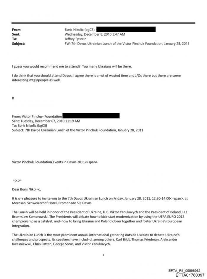 В опубликованных архивах Джеффри Эпштейна говорится, что его приглашал в Давос Виктор Пинчук, украинский олигарх, зять экс-президента Леонида Кучмы и ...