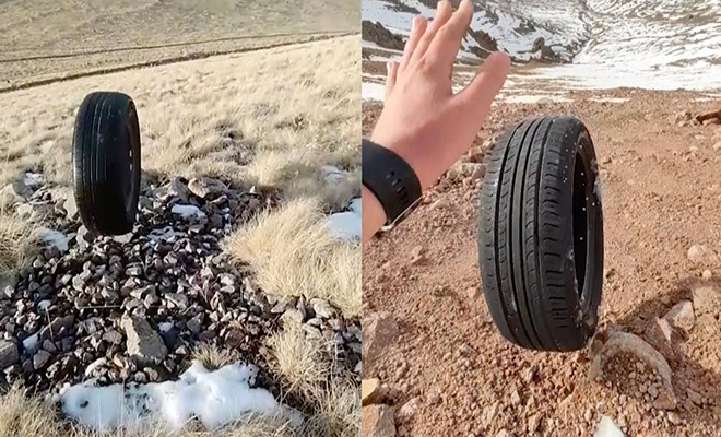 Насколько далеко укатится шина, если кинуть ее с вершины горы. Парень проверил и снял все с дрона